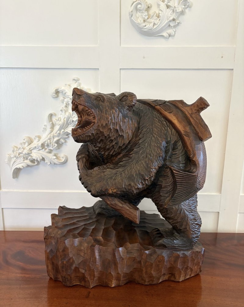 Large Antique Edwardian Quality Carved Linden Wood Japanese Bear Carrying a Fish